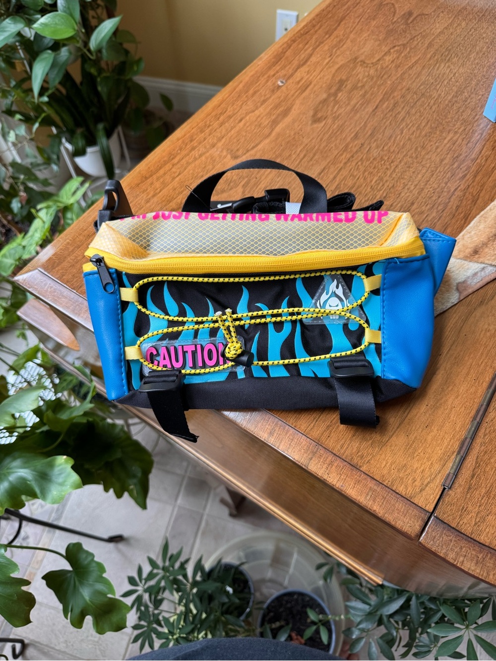 Blue and Yellow Crossbody Bag with Flame Accent - Unbranded